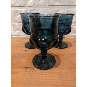 Vintage MCM INDIANA GLASS King Crown Thumbprint Blue Goblet Wine‎ Barware X 3